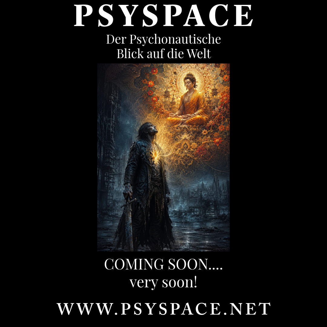 PSYSPACE: Der Psychonautische Blick auf die Welt. A visual juxtaposition of a ruined cityscape and a radiant, meditating Buddha. Coming soon... very soon! www.psyspace.net